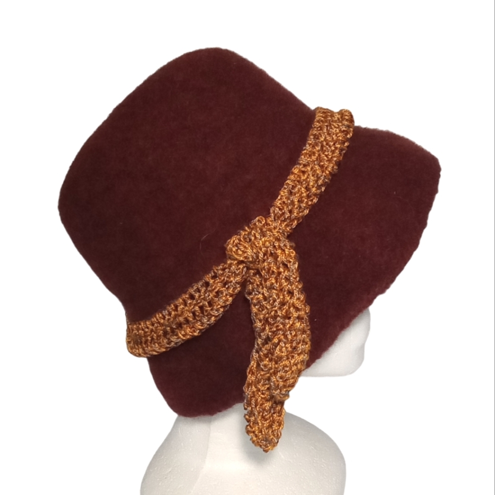 100% Wool Felted Brown Golden Art Yarn Handmade Vintage Women's Hat